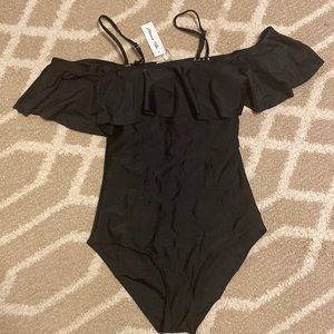 Black Ruffle Off-Shoulder One-Piece Swimsuit